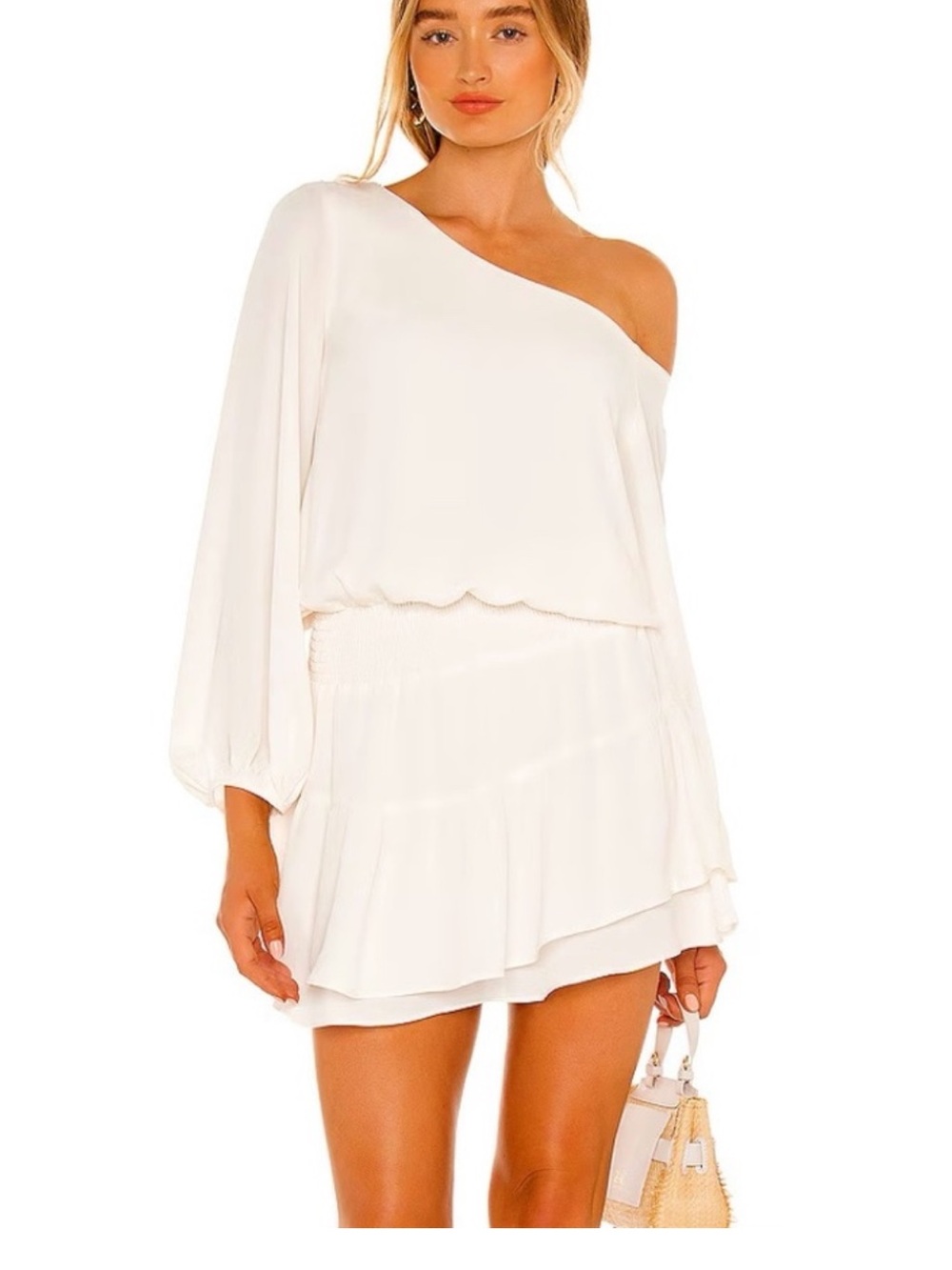 Krisa revolve off shoulder smocked white mini dress